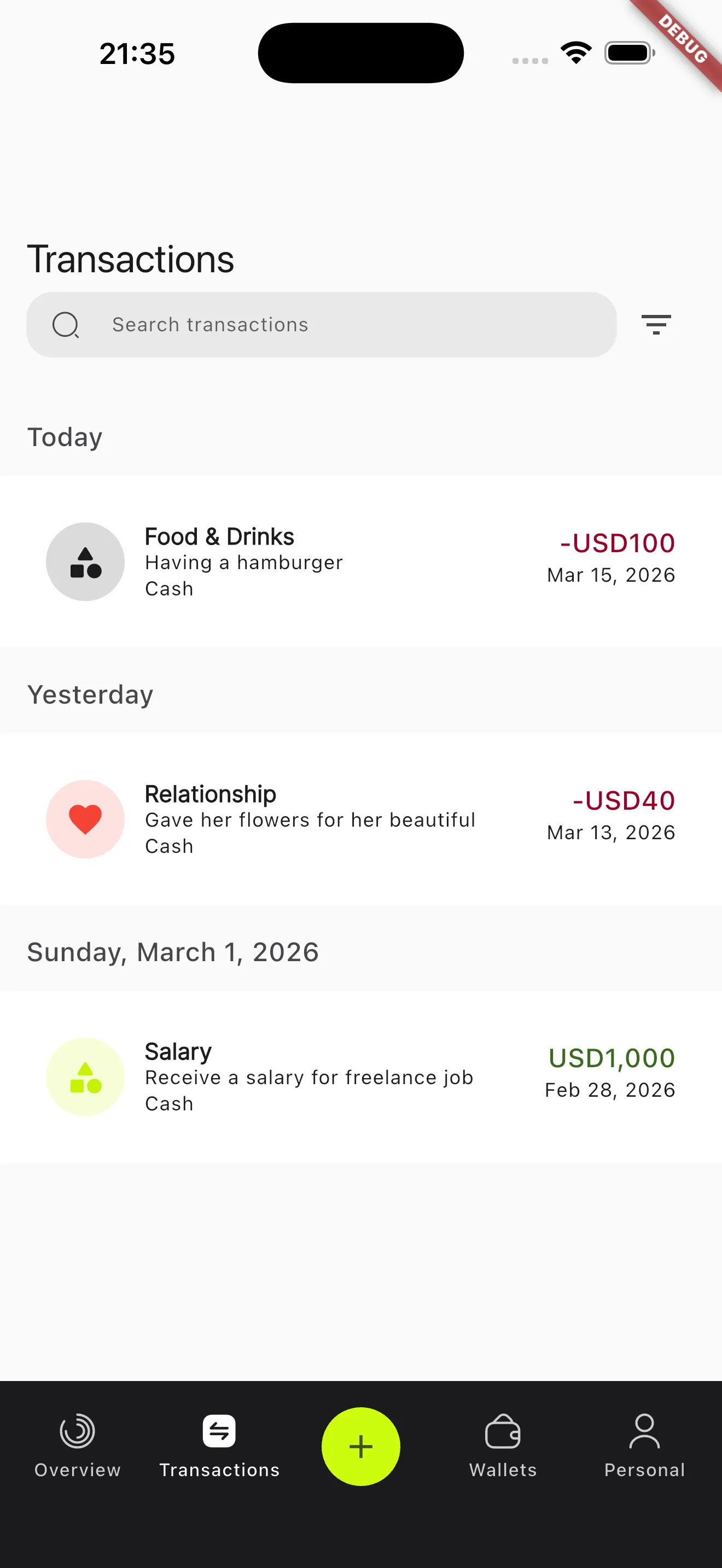 FeliCash transaction list grouped by day